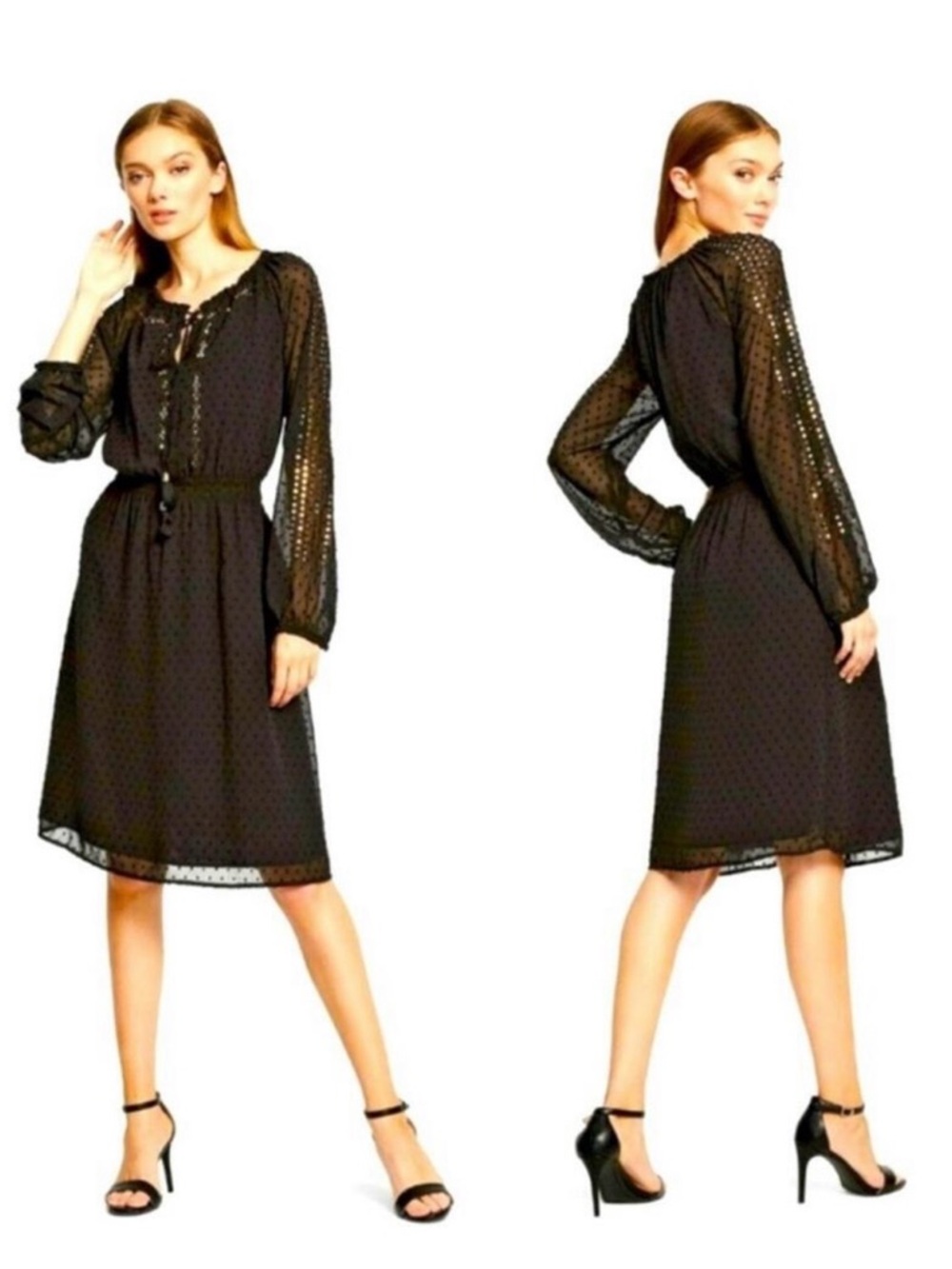 Altuzarra For Target Black Sheer Dot-Textured Long-Sleeve Midi Dress